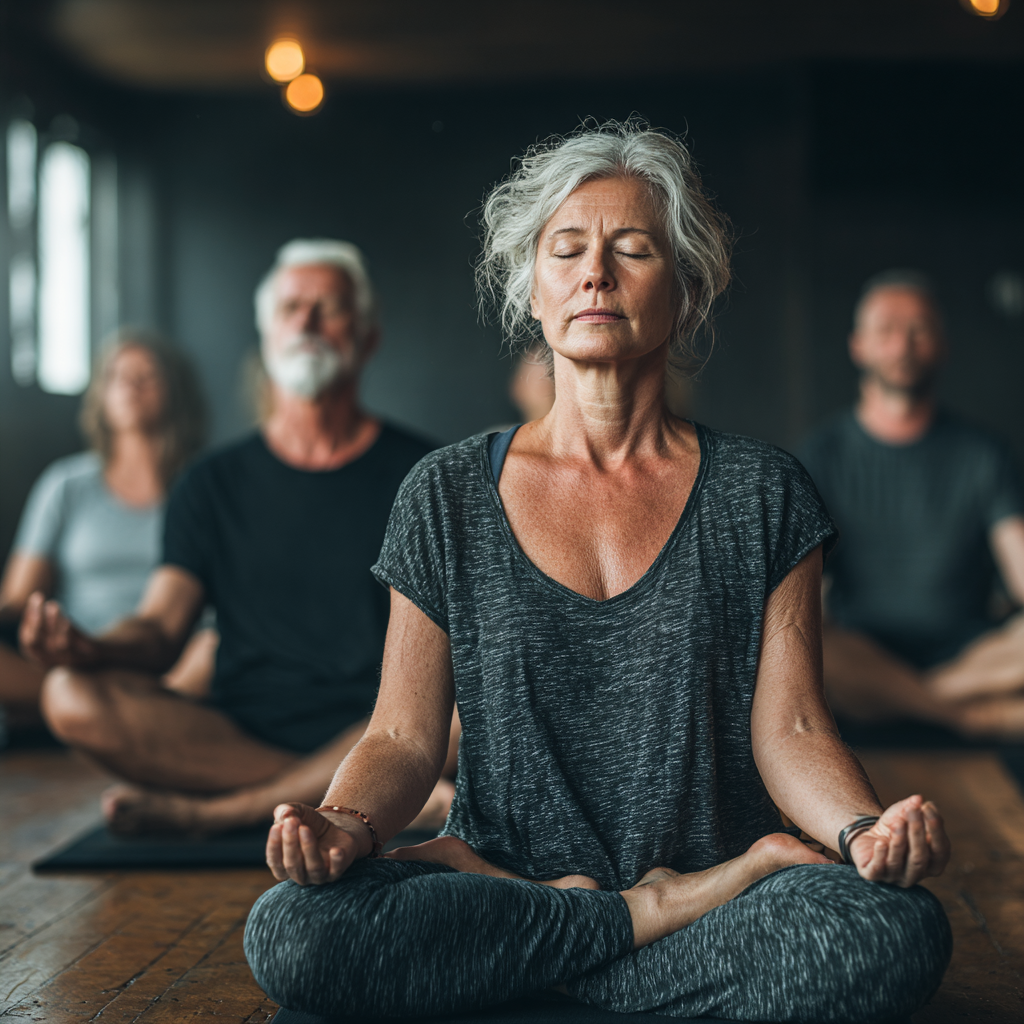 Group of mature adults aged 45-55 practicing yoga together in a peaceful studio with soft natural lighting and wooden floors