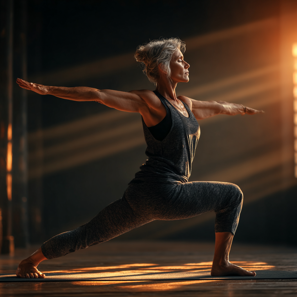 Middle-aged woman in her late 40s practicing yoga in warrior pose on a mat in a serene studio setting with natural lighting